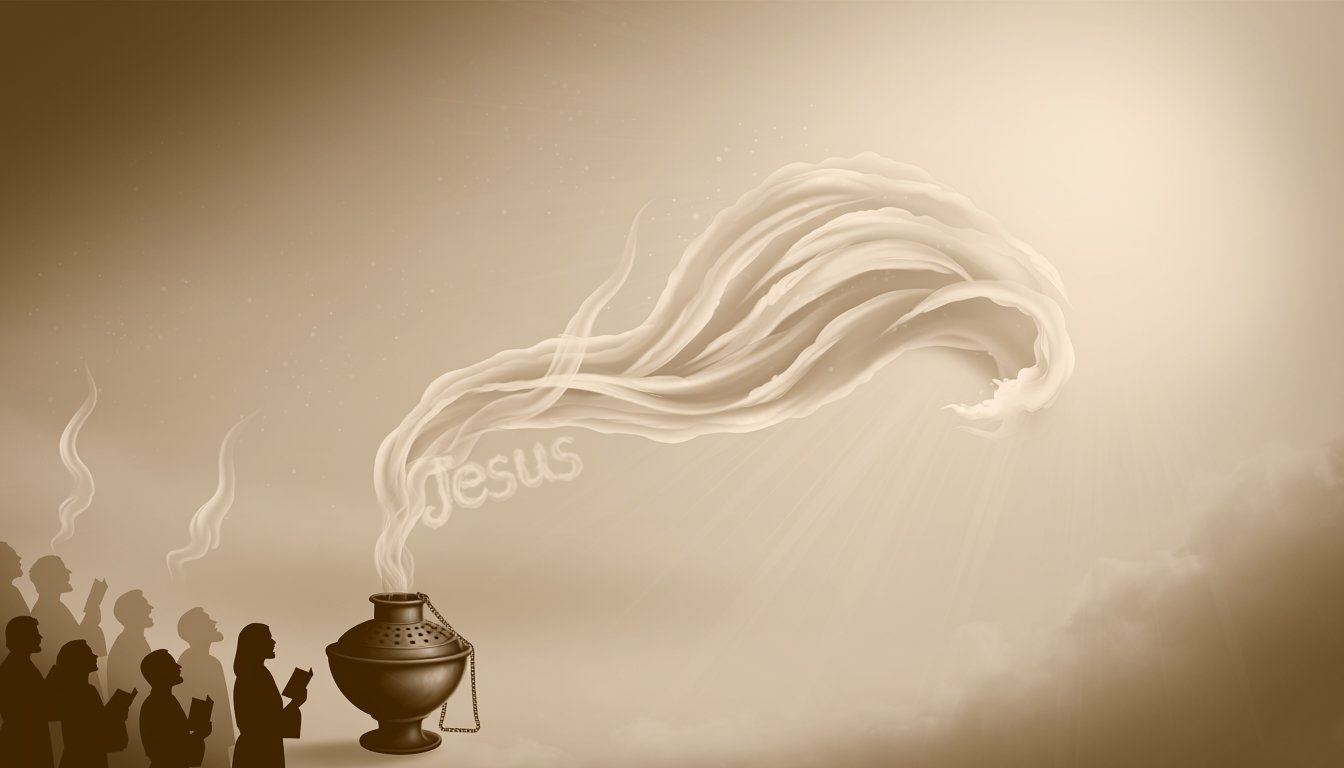 Silhouetted worshipers before rising incense smoke that spells out "Jesus," lit by rays of light