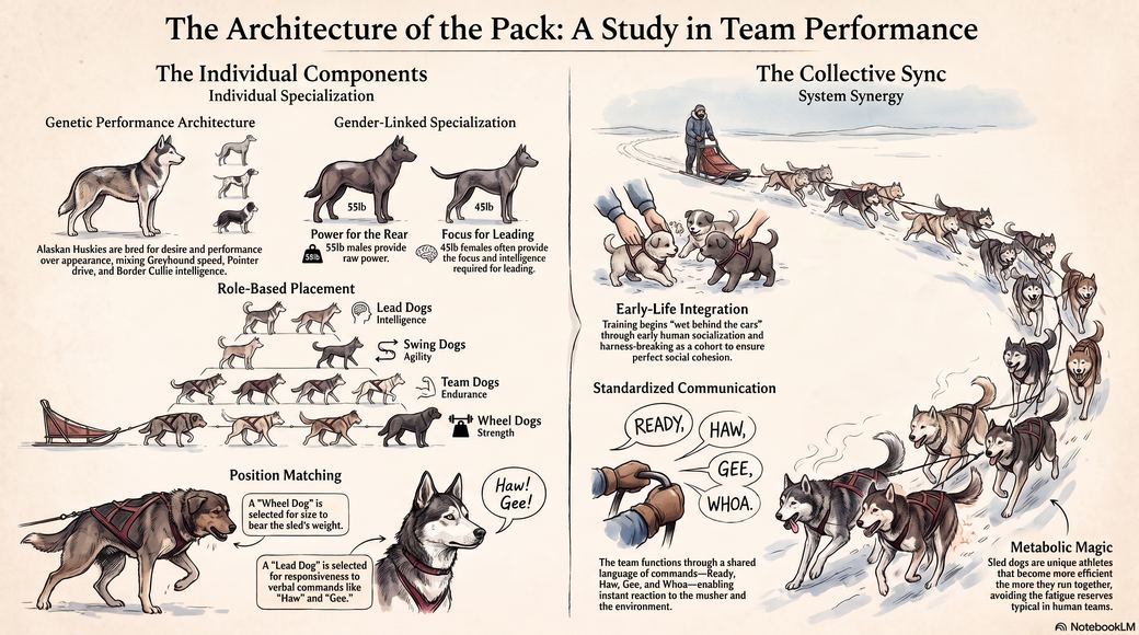 Infographic: "The Architecture of the Pack" comparing sled-dog team roles to team performance